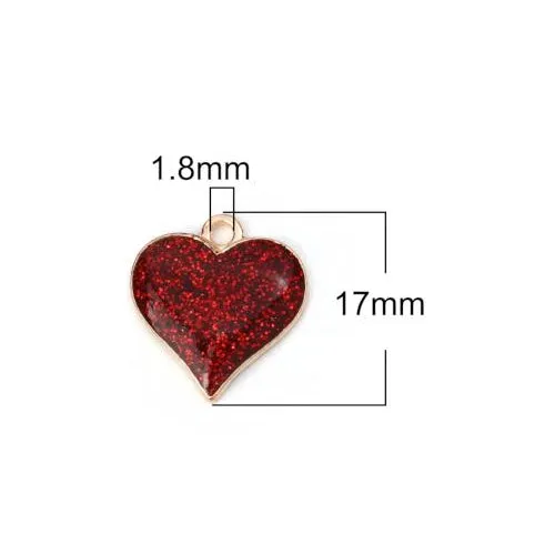 Pendants, Heart, Single-Sided, Red, Glitter, Enameled, Light Gold Alloy, 17mm