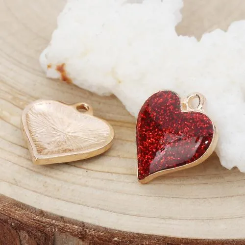 Pendants, Heart, Single-Sided, Red, Glitter, Enameled, Light Gold Alloy, 17mm