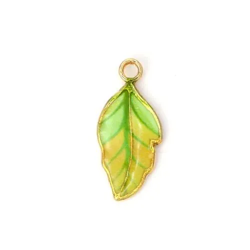 Pendants, Leaf, Single-Sided, Enameled, Gradient, Green, Gold Plated, Alloy, 22mm