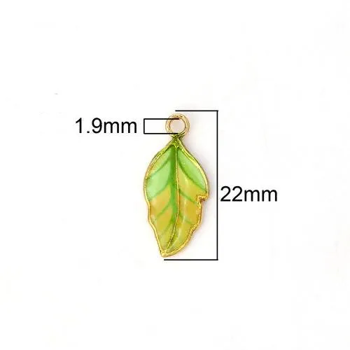 Pendants, Leaf, Single-Sided, Enameled, Gradient, Green, Gold Plated, Alloy, 22mm