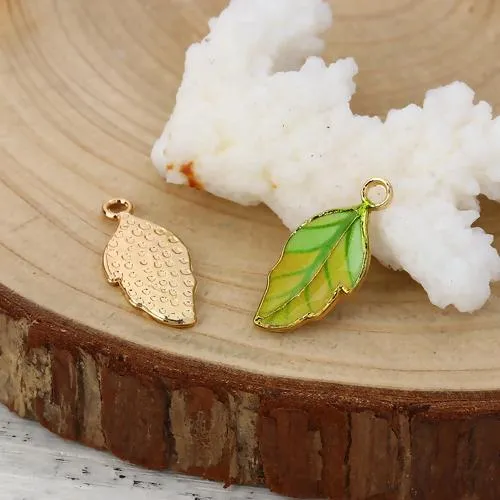 Pendants, Leaf, Single-Sided, Enameled, Gradient, Green, Gold Plated, Alloy, 22mm