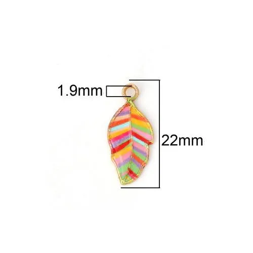 Pendants, Leaf, Single-Sided, Enameled, Multicolored, Stripes, Gold Plated, Alloy, 22mm