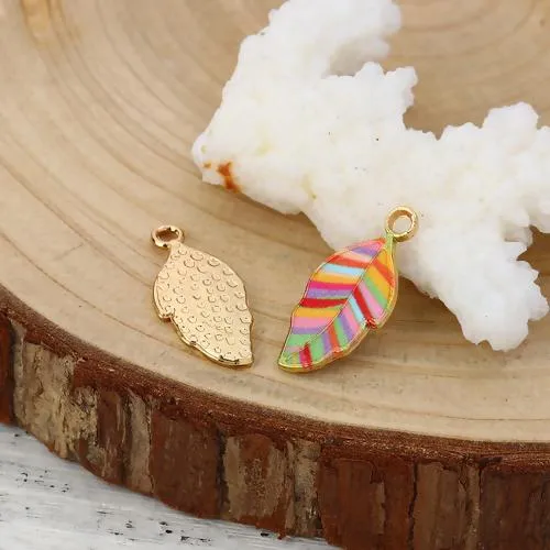 Pendants, Leaf, Single-Sided, Enameled, Multicolored, Stripes, Gold Plated, Alloy, 22mm