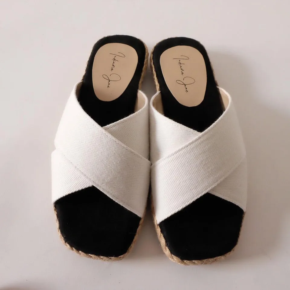 PEONY White Canvas Cross Strap Abaca Slip-On