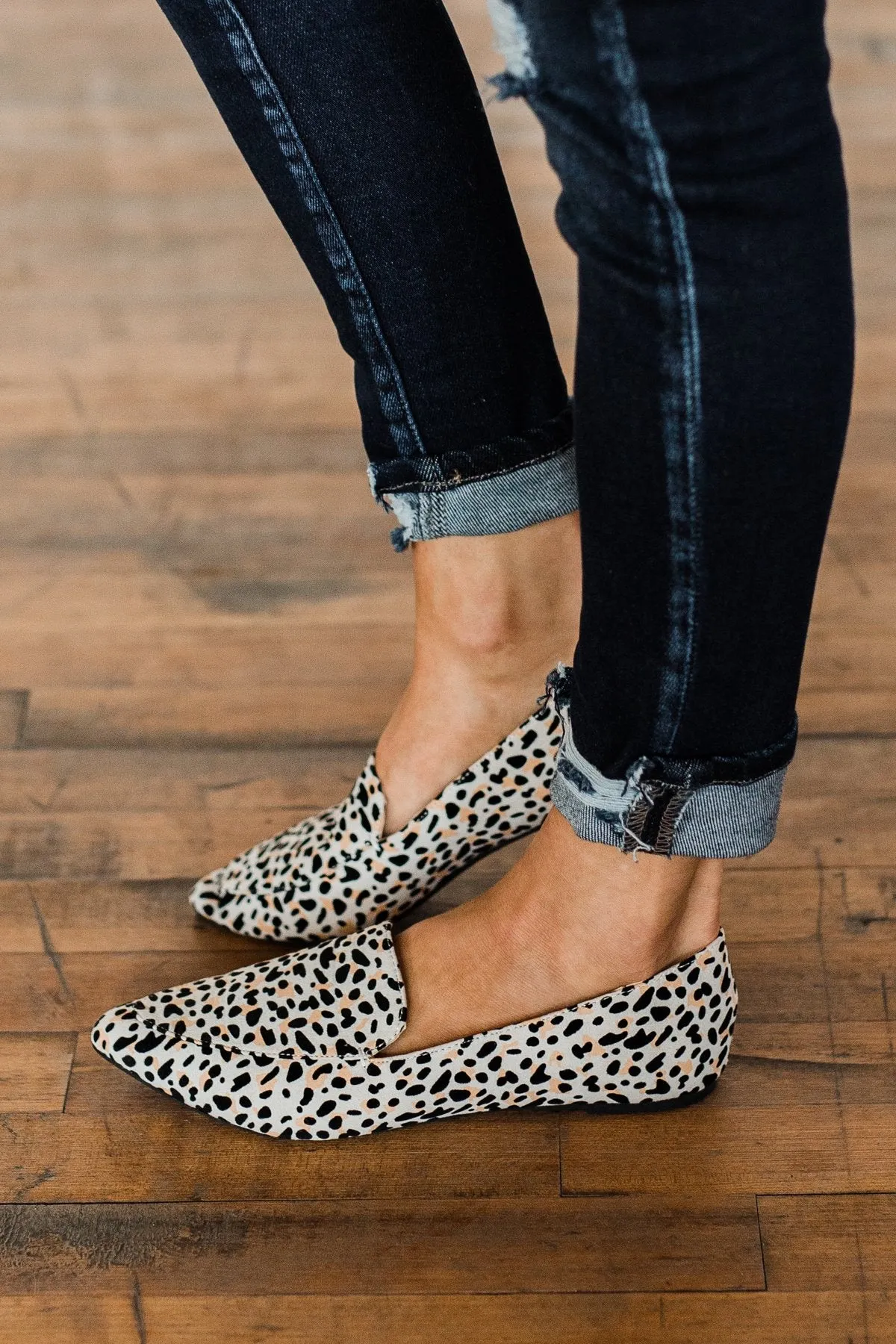 Qupid Zoom Flats- Nude & Black Leopard Suede