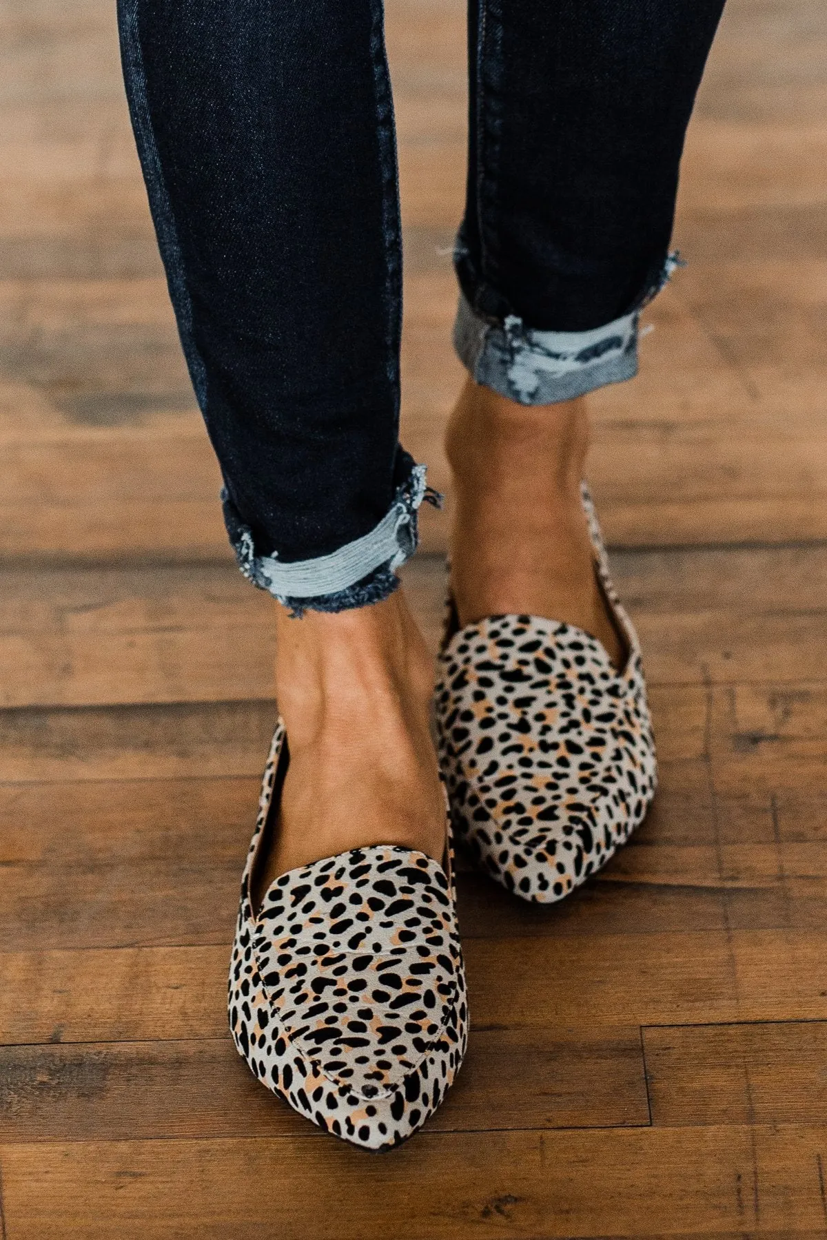 Qupid Zoom Flats- Nude & Black Leopard Suede