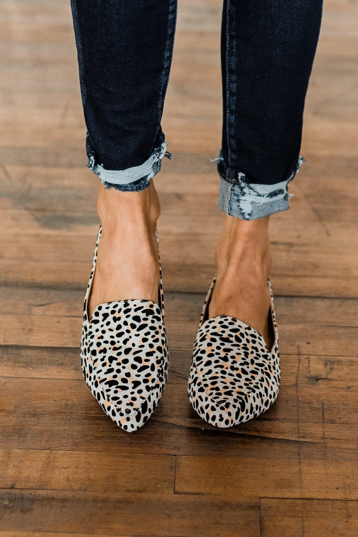 Qupid Zoom Flats- Nude & Black Leopard Suede