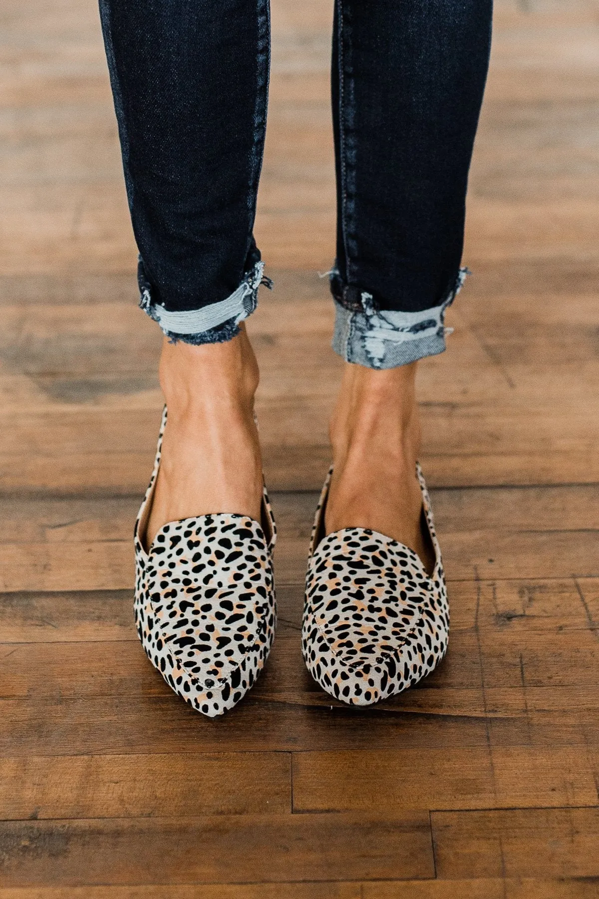 Qupid Zoom Flats- Nude & Black Leopard Suede