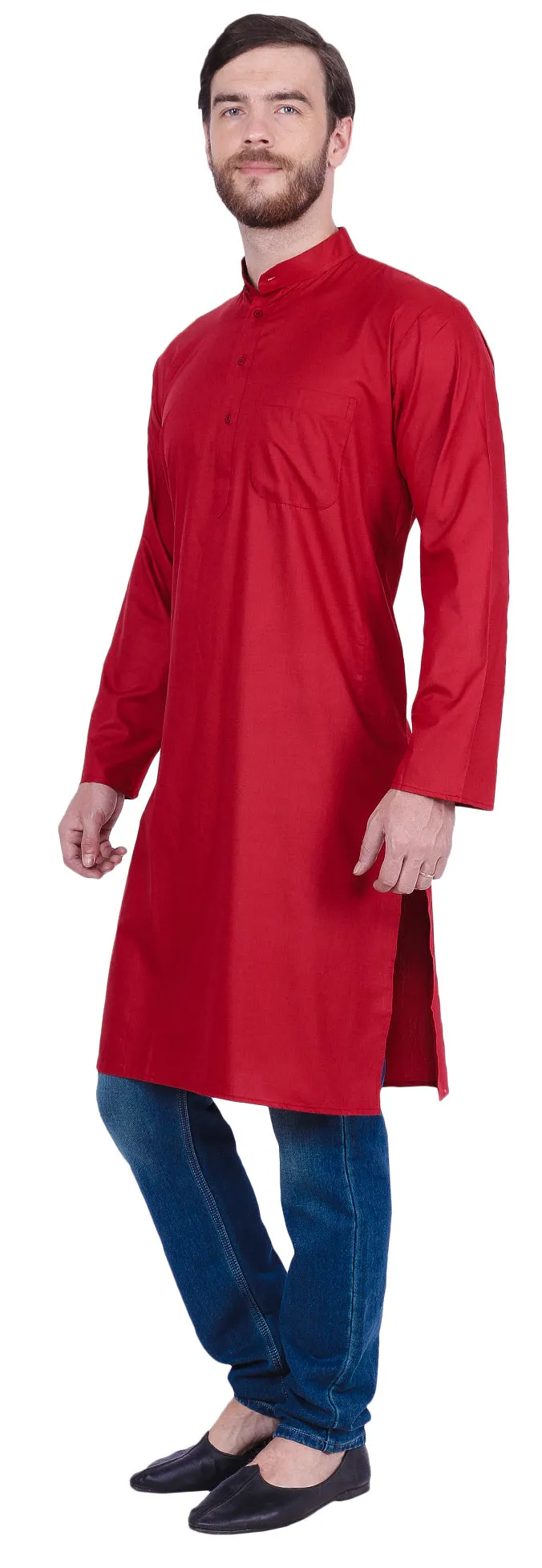 Solid Color India Cotton Men's Long Kurta Indian Clothing (Red)