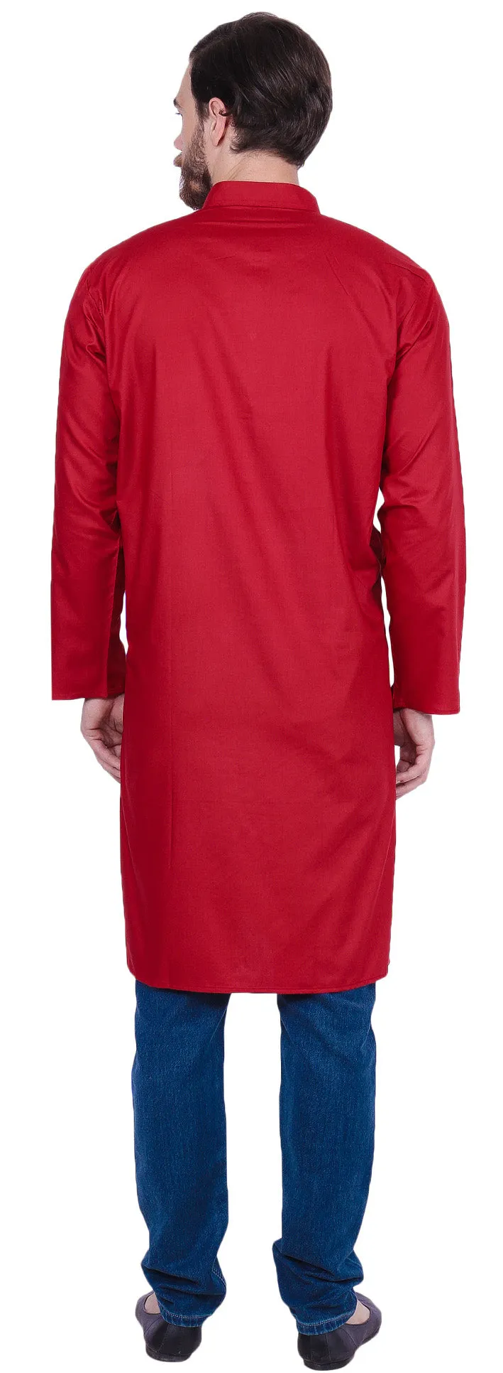 Solid Color India Cotton Men's Long Kurta Indian Clothing (Red)