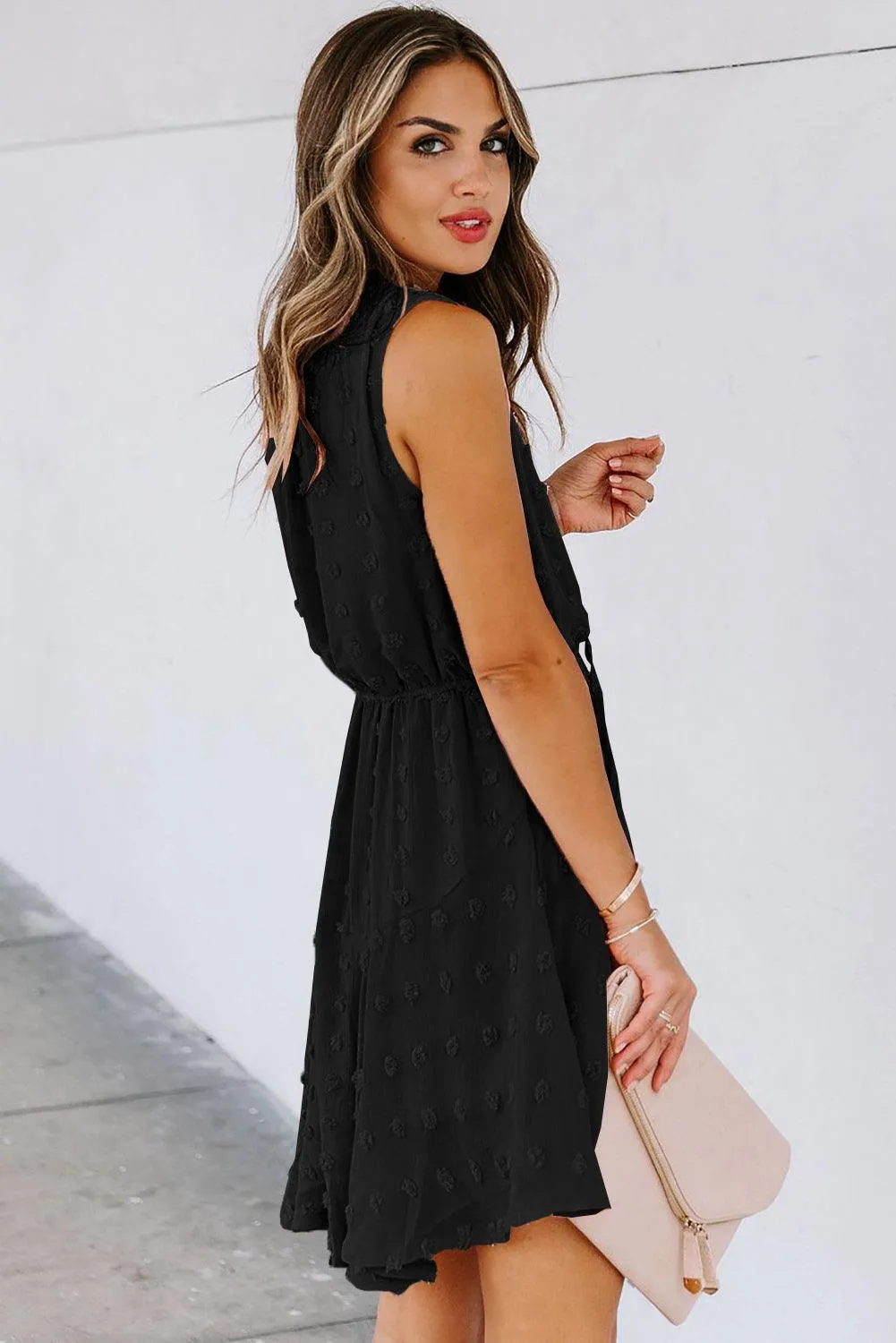 Split-Neck Pom Pom Mini Dress - Black