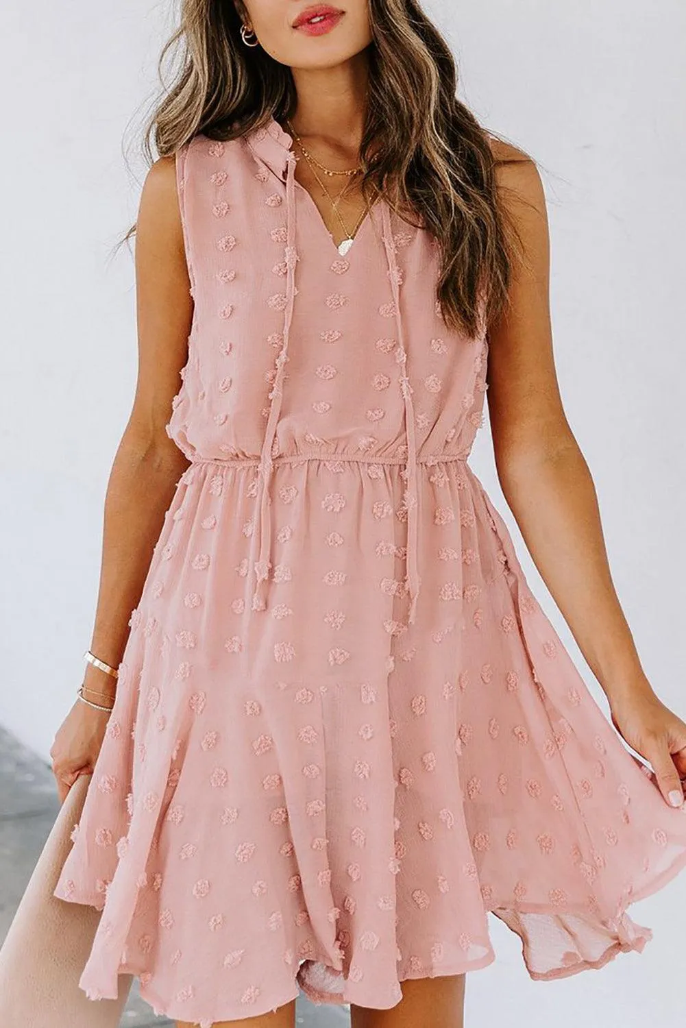 Split-Neck Pom Pom Mini Dress - Pink