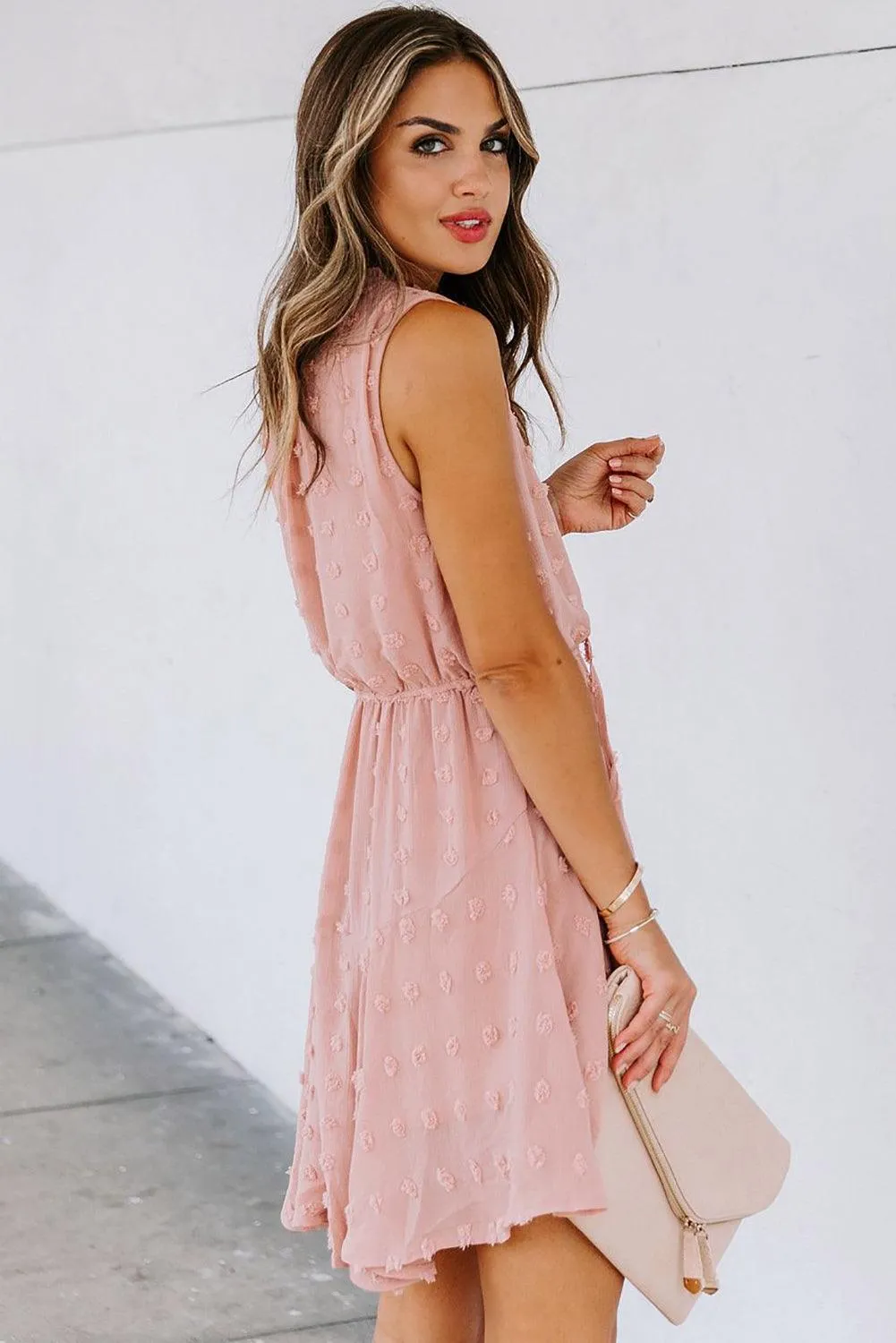 Split-Neck Pom Pom Mini Dress - Pink