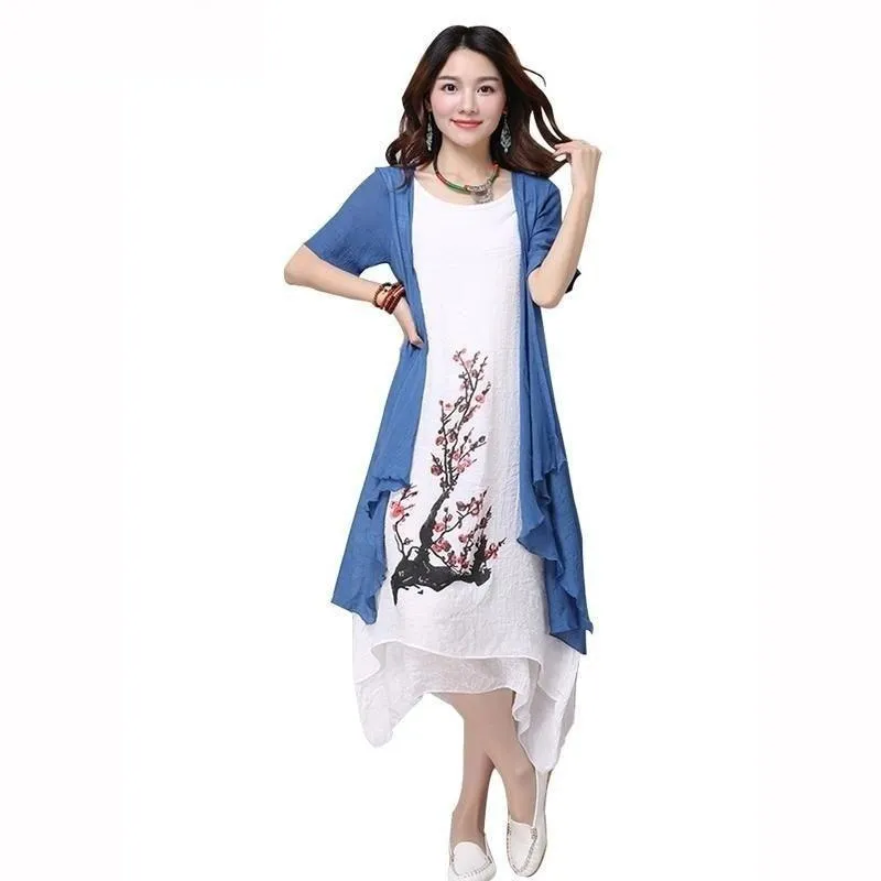 Summer Women's Clothing Fresh Loose Long Synthetic Two Pieces Casual Dress