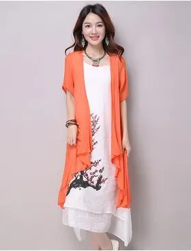 Summer Women's Clothing Fresh Loose Long Synthetic Two Pieces Casual Dress