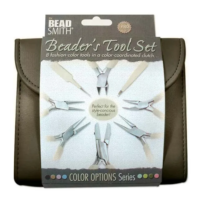 The Beadsmith 8 Piece Plier & Tweezer Set Chocolate Brown Jeweler's Tool Kit With Travel Case