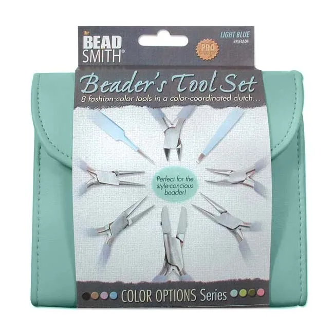 The Beadsmith 8 Piece Plier & Tweezer Set Light Blue Jeweler's Tool Kit With Travel Case