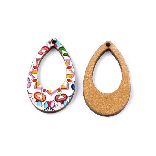 Wooden Pendants, Teardrop, Printed, Top Drilled, Single-Sided, Creamy White, Multicolored, 34.5mm